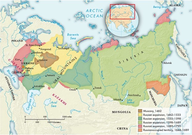 How are the territorial ambitions of Peter the Great reflected in Map 18.5,  The Expansion of Russia, 1462-1689 ?   A)  He greatly desired access to the Baltic and Black Seas. B)  He viewed control of Siberia as crucial to Russia's future expansion. C)  He highly valued access to inland waterways. D)  He valued eastward expansion more than westward expansion.