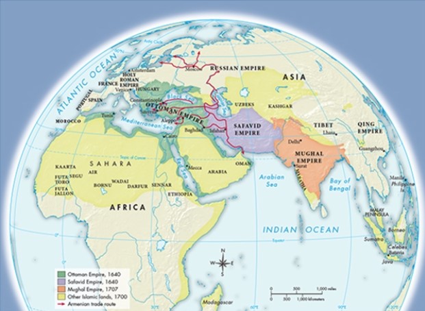 As illustrated in Map 17.4, The Muslim World, ca. 1700,  Armenian traders traversed a path through the Russian Empire similar to that used by which of the following?   A)  The Magyars B)  The Vikings C)  The Huns D)  The Muslims
