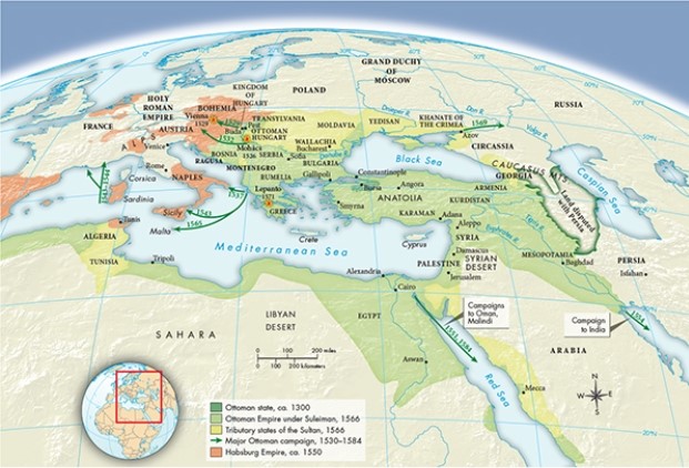 According to Map 17.1,  The Ottoman Empire at Its Height, 1566,  the far eastern portion of the Ottoman Empire occupied territory that was once part of which ancient civilization?   A)  Egypt B)  Mauryan C)  Mesopotamia D)  Etruscan
