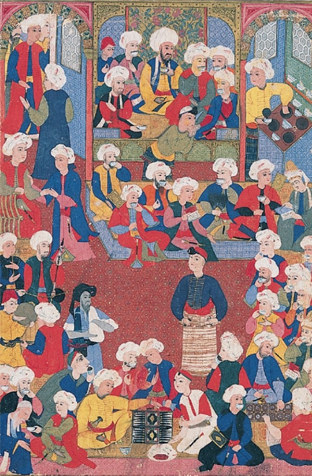 The interactions between the subjects of this illustration reflect which of the following?   A)  The belief that coffeehouses encouraged male sociability B)  The belief that coffee was intoxicating C)  The belief that coffee drinking could lead to sedition D)  The belief that coffee drinking fostered greater concentration on God