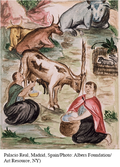 What evidence is there in this illustration of European influence on the Inca?   A)  The Europeans introduced cattle to the New World. B)  The women in this painting are wearing European-style clothing. C)  The painting itself is representative of Renaissance-era art. D)  The women are wearing European-inspired hairstyles.