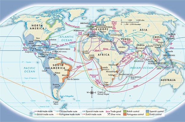 According to Map 16.3,  Seaborne Trading Empires in the Sixteenth and Seventeenth Centuries,  inspection of Spanish and Portuguese trade routes reveals which of the following?   A)  The majority of Spanish and Portuguese trade routes ran through Mesoamerica. B)  Spanish and Portuguese trade across the Atlantic Ocean relied heavily upon manufactured goods. C)  Trade in sugar and slaves was closely interconnected for both the Spanish and Portuguese. D)  The ports of northern Europe were an important part of both Spanish and Portuguese trade.