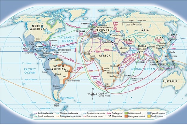 Based on Map 16.3,  Seaborne Trading Empires in the Sixteenth and Seventeenth Centuries,  who was most heavily involved in overland trading in the Middle East during the period illustrated?   A)  Arabs B)  Dutch C)  Chinese D)  British