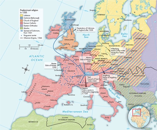 Based upon Map 15.2,  Religious Divisions in Europe, ca. 1555,  which city appears to have been at the heart of the Calvinist movement?   A)  Edinburgh B)  Antwerp C)  Amsterdam D)  Geneva