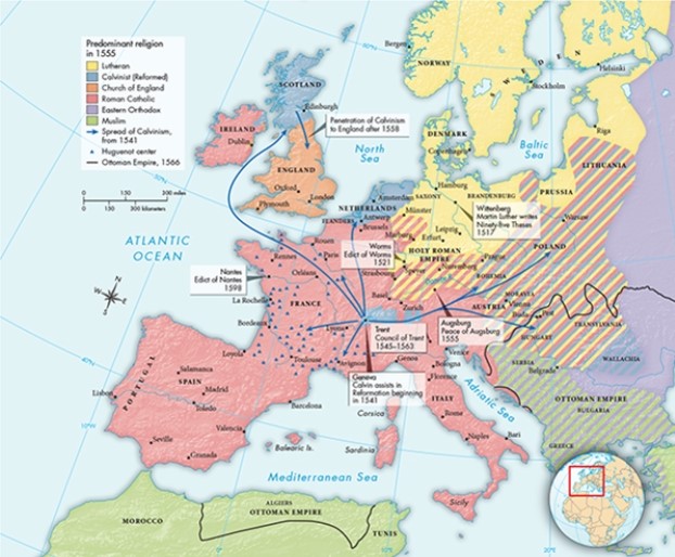 Based on Map 15.2,  Religious Divisions in Europe, ca. 1555,  which religious faith likely exercised the biggest influence on the Dutch colonists who migrated to the New World in the early seventeenth century?   A)  Calvinism B)  Lutheranism C)  The Church of England D)  Catholicism