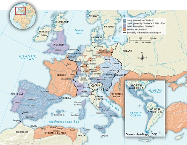 According to Map 15.1,  The Global Empire of Charles V, ca. 1556,  the majority of territory in western and central Europe occupied by the enemies of Charles V claimed allegiance to which faith?   A)  Lutheranism B)  Eastern Orthodox C)  Islam D)  Catholicism