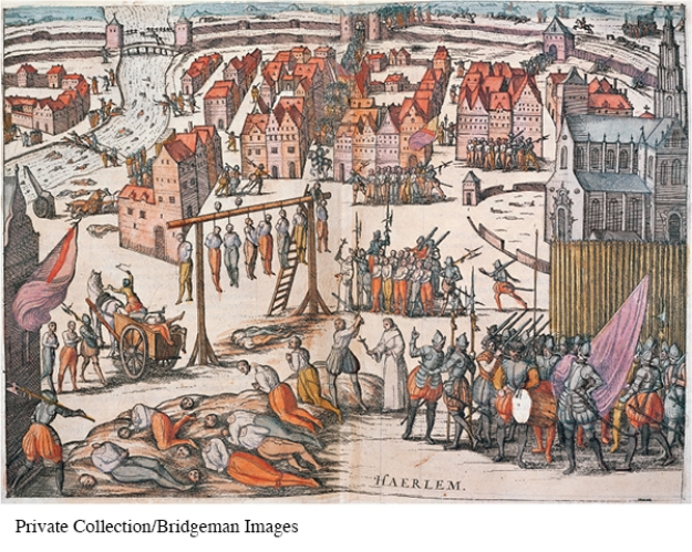While atrocities were committed by both Catholics and Protestants during the wars of religion, what evidence is there in this illustration to suggest it was created by a Protestant?   A)  The inclusion of priests overseeing the killing B)  The particularly violent means through which victims were killed C)  The large number of victims D)  The clear superiority in numbers and weapons of the aggressors