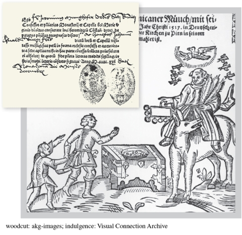 How did the creator of this woodcut communicate his view that the selling of indulgences was deceitful?   A)  He placed a dove above the head of the peddler. B)  He included a very large chest in which money was collected. C)  He placed the peddler on a donkey, which represents ignorance. D)  Those buying the indulgence appear overly eager.