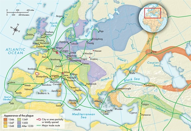 According to Map 14.3,  The Course of the Black Death in Fourteenth-Century Europe,  what is unique about the regions into which the plague spread post-1350?   A)  It migrated into areas devoid of access to major waterways. B)  Its migration was limited to a relatively small geographic region during that time. C)  It migrated farther and farther away from the main trade routes. D)  Its migration appears to have been due in large part to the Dnieper River.