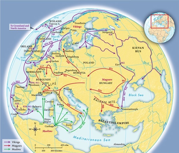 According to Map 14.1,  Invasions and Migrations of the Ninth and Tenth Centuries,  what facilitated the Vikings' trek across Russia?   A)  They controlled the Baltic Sea. B)  They had unfettered access to the Vistula River. C)  They controlled Hungary. D)  They used the Dnieper River.