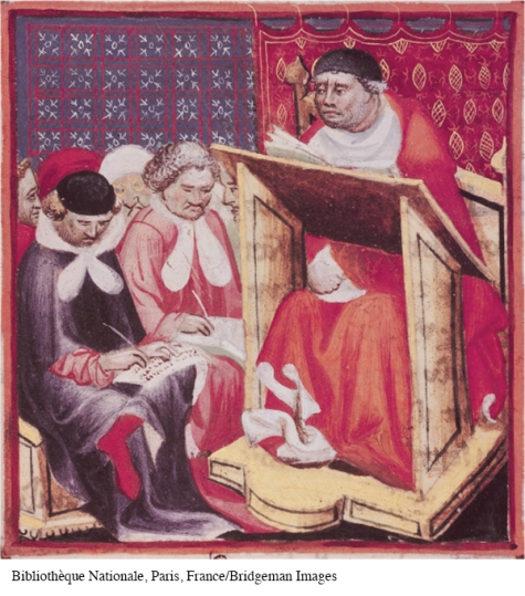 What does this illustration reveal about educational norms during the Middle Ages?   A)  Lectures were typically frowned upon as a preferred method of instruction. B)  Females were deemed intellectually inferior to males. C)  Students and instructors were typically adorned with the same robes. D)  Pupils were expected to be active participants in lecture sessions.