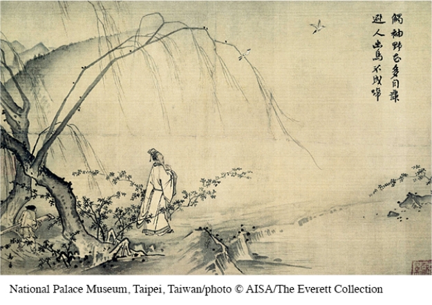 How does this illustration reflect the major artistic trend of the Song period?   A)  It depicts a solitary scholar within a landscape. B)  It references the significance of the arts through the inclusion of a lute. C)  It is largely devoid of color. D)  It was largely left empty.