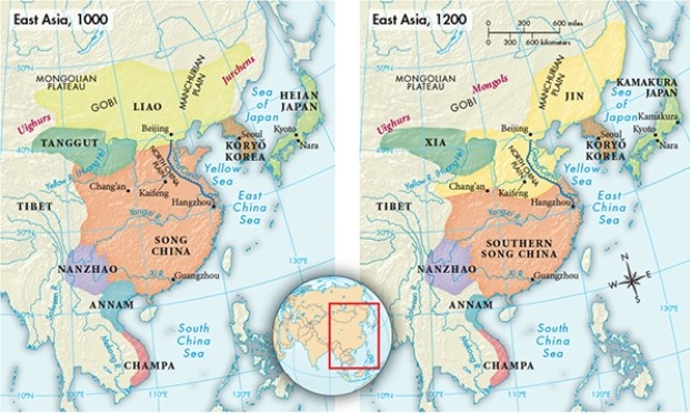 According to Map 13.1,  East Asia in 1000 and 1200,  which region in East Asia experienced the least impact from the territorial changes that occurred between 1000 and 1200?   A)  Song China B)  Tanggut C)  Champa D)  Liao