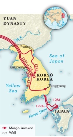 According to this map, what likely played a key role in Japan's ability to repel the Mongols that had overrun much of China and Korea?   A)  The wall located at the northern edge of the Korean peninsula slowed Mongol progress. B)  The Sea of Japan prevented the Mongols from landing on Japan's main island. C)  The Mongol force used to attack Japan appears to have been smaller than that used in Korea. D)  The Japanese islands did not share a land border with either Korea or China.