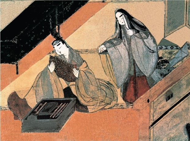 In the illustration The Tale of Genji, the numerous brushes in the foreground are suggestive of which of the following?   A)  The superior social status of the figure reading the letter B)  The importance placed on elegant calligraphy among members of the court C)  The prominent position of written communication during the Heian Period D)  The intellectual status of members of the court