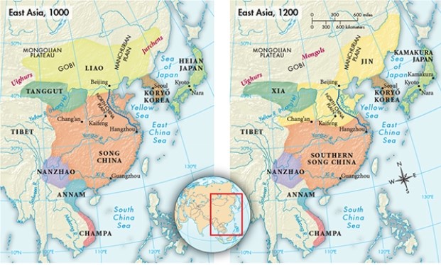 According to Map 13.1,  East Asia in 1000 and 1200,  as the Jin Dynasty extended its territorial holdings, it gained increased access to which important geographic feature?   A)  The Grand Canal B)  The Yangzi River C)  The East China Sea D)  The Mongolian Plateau