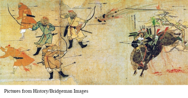 What evidence in this illustration reflects Chinese influence on Mongol military tactics?   A)  The exploding projectile B)  The color variations of their clothing C)  The fighting isn't taking place on horseback D)  The grouping pattern of the soldiers