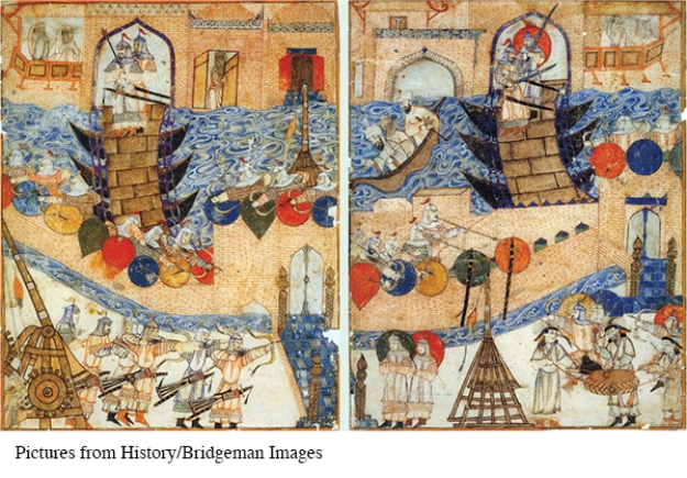 How is Chinese influence on Mongol military tactics reflected in this illustration of the Mongols conquering Baghdad?   A)  It is reflected in the clothing they wear. B)  It depicts them utilizing a traditional Chinese battle formation. C)  It depicts them using a catapult and arrows. D)  It is reflected in their use of amphibious troops.