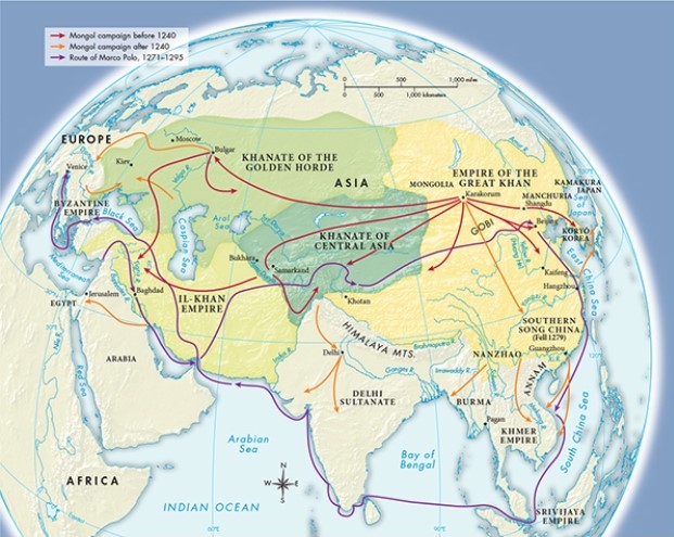 The route taken by Marco Polo, illustrated in Map 12.1,  The Mongol Empire,  mimicked very closely the route utilized by which of the following?   A)  Mongol invaders on their way to Japan B)  Viking raiders attempting to establish supremacy in the Arabian Sea C)  Traders shipping precious metals from South America D)  Spice traders