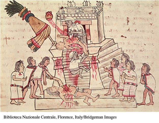<strong>What evidence in this illustration reflects the belief of many historians that the Aztecs practiced ritual sacrifice as a means of honoring or nourishing the gods? </strong> A) The victim's heart is drifting up toward the heavens. B) The victim near the bottom of the steps is being dragged away, possibly to be dismembered. C) The number of onlookers at the base of the steps suggests its importance as a religious ritual. D) Based upon their physical appearance, the victims may have been prisoners of war.