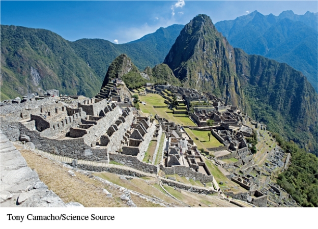 In what way are the ruins of Machu Picchu, pictured here, reminiscent of the ruins discovered at Mohejo-daro?   A)  They were both built in a mountainous region. B)  The buildings in both appear to be unvaried in design and purpose. C)  Both are multitiered designs. D)  Their symmetrical designs suggest that both were well-planned urban developments.