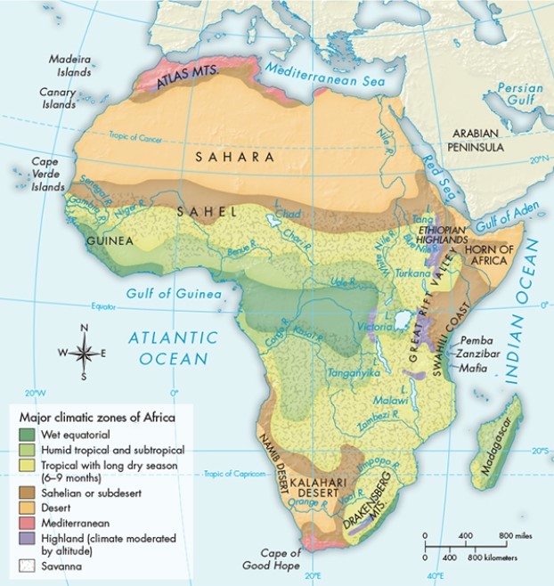 According to Map 10.1,  The Geography of Africa,  which of the following best describes the climatic conditions through most of the African continent?   A)  Desert B)  Tropical C)  Sub-desert D)  Highland