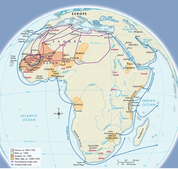 According to Map 10.2,  African Kingdoms and Trade, ca. 800-1500,  based on their size and number, along which major river did many of Africa's largest and most numerous trade centers develop?   A)  The Congo B)  The Niger C)  The Nile D)  The Limpopo