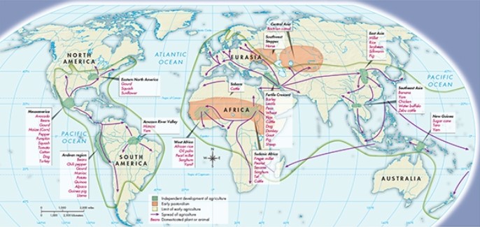 Based on Map 1.2,  The Spread of Agriculture and Pastoralism,  which of the following regions demonstrated the greatest pastoral diversity?   A)  Andean Region B)  Sahara C)  Fertile Crescent D)  East Asia