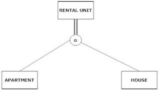 Which of the following statements is true about the figure shown below?   A)  A rental unit must be either an apartment or a house, and cannot be both at the same time. B)  A rental unit can be an apartment, house or just a rental unit; it may not be more than one at the same time. C)  A rental unit must be either an apartment or a house, and could be both. D)  A rental unit can be an apartment, a house or just a rental unit. It could be both an apartment and a house at the same time.