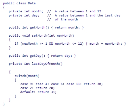 Consider the partial Date class below which represents a day of the year.   What type of method is setMonth?  A) mutator B) accessor C) constructor D) immutable