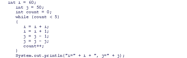 What are the values of i and j after the following code fragment runs?    A) i = 1951, j = 0 B) i = 1951, j = 45 C) i = 65, j = 1 D) i = 65, j = 45