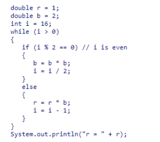 What is the output of the following code snippet?    A) r = 16.0 B) r = 128.0 C) r = 4096.0 D) r = 65536.0