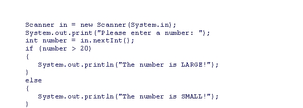 Assuming that a user enters 15 as input, what is the output of the following code snippet?    A) There is no output due to compilation errors. B) The number is LARGE! C) The number is SMALL! D) The number is LARGE! The number is SMALL!