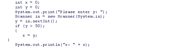 Assuming that the user provides 49 as input, what is the output of the following code snippet?    A) x: 0 B) x: 49 C) x: 50 D) There is no output due to compilation errors.