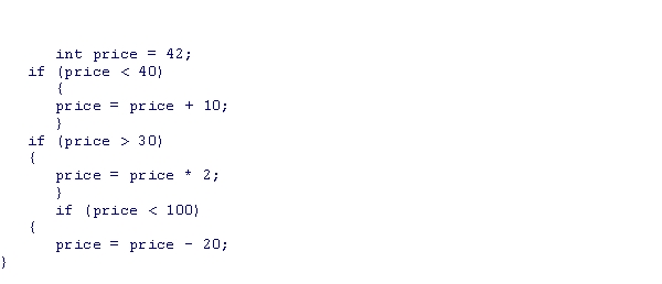 What is the value of the price variable after the following code snippet is executed?    A) 42 B) 52 C) 84 D) 64
