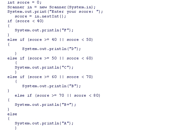 Assuming that a user enters 64 as the score, what is the output of the following code snippet?   A) D B) C C) B D) A