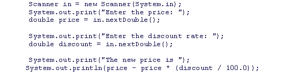 Assuming that the user inputs a value of 30 for the price and 10 for the discount rate in the following code snippet, what is the output?    A) The new price is 30.0 B) The new price is 20.0 C) The new price is 27.0 D) The new price is 33.0
