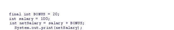 What will be printed by the statements below?    A) salaryBONUS B) 120 C) 100BONUS D) Nothing will be printed because constants cannot be used in expressions.