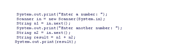 Assuming that the user enters 45 and 62 as inputs for n1 and n2, respectively, what is the output of the following code snippet?    A) 46 B) 4662 C) 107 D) 4562