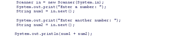 Assuming that the user enters 23 and 45 as inputs for num1 and num2, respectively, what is the output of the following code snippet?    A) 23 B) 4523 C) 68 D) 2345
