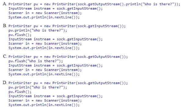 Suppose that sock refers to a TCP socket connected to another machine, and in is aScanner.Which code sends the string Who is there? to the other machine, receives the return answer, and then prints it?