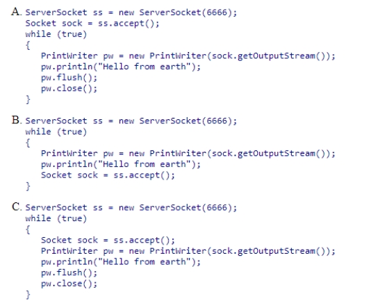 Which code fragment creates a server running at port 6666 and sends one line of text, Hello from earth over and over to any machine that connects to the server?