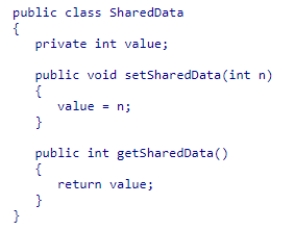 Examine the SharedData class shown below.Suppose two threads are created so that each has access to the same SharedData object.Thread one calls setSharedData eight times with values 1...8 respectively, sleeping for 30 milliseconds between calls.Thread two calls getSharedData eight times, also sleeping for 30 milliseconds between calls.Which of the following orders of values is not possible for thread two to receive?    A) 1,2,3,4,5,6,7,8 B) 1,2,2,4,5,6,7,8 C) 1,2,3,4,5,6,8,8 D) 1,2,3,4,5,6,8,7
