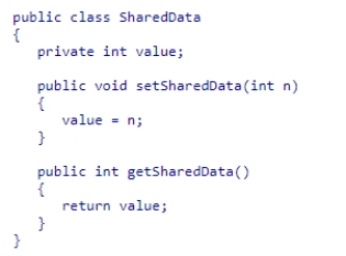 Examine the SharedData class shown below.Suppose two threads are created so that each has access to the same SharedData object.Thread one calls setSharedData eight times with values 1...8 respectively, sleeping for 100 milliseconds between calls.Thread two calls getSharedData eight times, also sleeping for 100 milliseconds between calls.Which of the following could be the last two values received by thread two?    A) 9, 10 B) 10, 9 C) 1, 2 D) 8, 7