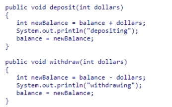 Assume two threads share a BankAccount object with balance of zero (0) , and that the BankAccount class provides deposit and withdraw methods as shown below.Thread one deposits $10 ten times and, concurrently, thread two withdraws $10 ten times.Suppose a race condition occurs, and the race is finished first by thread one.What would you expect balance to be after all thread calls?    A) $10 B) $20 C) $0 D) a negative amount