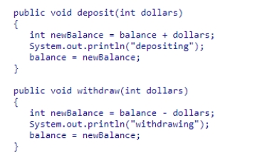 Assume two threads share a BankAccount object with balance of zero (0) , and that the BankAccount class provides deposit and withdraw methods as shown below.Thread one deposits $10 ten times and, concurrently, thread two withdraws $10 ten times.If the balance after all thread calls is 0, which statement is definitely true?    A) The calls were interleaved: thread one, thread two, thread one, thread two, … B) The first call was to the deposit method. C) The last call was to the withdraw method. D) Each individual call to the deposit and withdraw methods ran to completion.