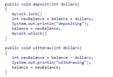 Assume two threads share a BankAccount object with balance of zero (0) , and that the BankAccount class provides deposit and withdraw methods and has a ReentrantLock named myLock, as shown below.Note that only the deposit method uses the lock.Thread one deposits $10 ten times and, concurrently, thread two withdraws $10 ten times.Which statement regarding the balance after all thread calls is definitely true?    A) The balance could be zero or positive. B) The balance is zero. C) The balance could be zero or negative. D) The balance is positive.