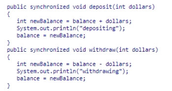 Assume two threads share a BankAccount object with balance of zero (0) , and that the BankAccount class provides synchronized deposit and withdraw methods.Thread one deposits $10 ten times and, concurrently, thread two withdraws $10 ten times.Which statement regarding the balance after all thread calls is definitely true?    A) The balance could be zero or positive. B) The balance is zero. C) The balance could be zero or negative. D) The balance is positive.