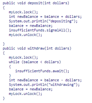 Assume three threads share a BankAccount object with a balance initially zero (0) , a ReentrantLock named myLock, and a condition object on myLock named insufficientFunds, as shown below.Thread one calls withdraw(30) , then thread two calls withdraw(20)  and thread three calls deposit(45) .What is the balance after the three calls and after the waiting threads have had a chance to run?    A) 0 B) 15 or 25 C) 45 D) -5
