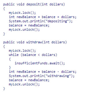 Assume three threads share a BankAccount object with a balance initially zero (0) , a ReentrantLock named myLock, and a condition object on myLock named insufficientFunds, as shown below.Thread one calls withdraw(30) , then thread two calls withdraw(20)  and thread three calls deposit(45) .What is the balance after the three calls?    A) 0 B) 15 or 25 C) 45 D) -5